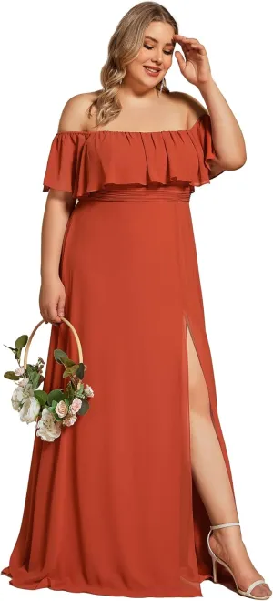 Ever-Pretty Women's Off Shoulder Short Sleeves Side Split Chiffon Plus Size Semi Formal Wedding Guest Dresses for Women