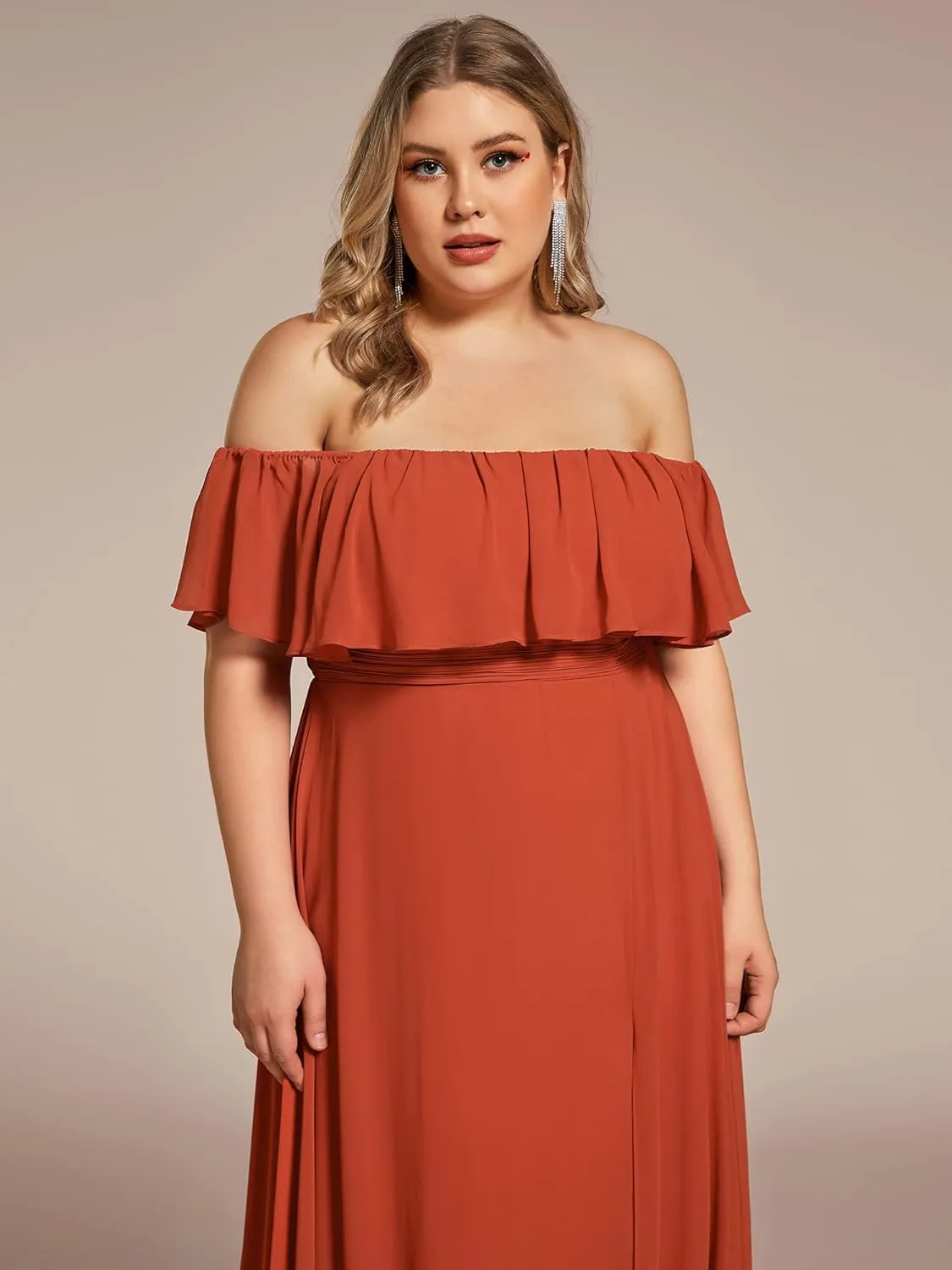 Ever-Pretty Women's Off Shoulder Short Sleeves Side Split Chiffon Plus Size Semi Formal Wedding Guest Dresses for Women