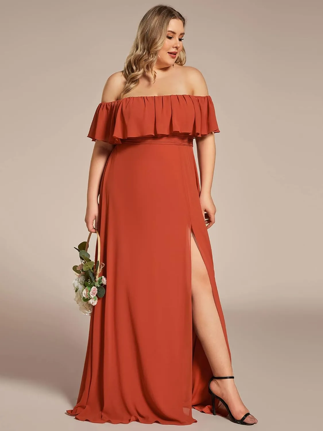 Ever-Pretty Women's Off Shoulder Short Sleeves Side Split Chiffon Plus Size Semi Formal Wedding Guest Dresses for Women