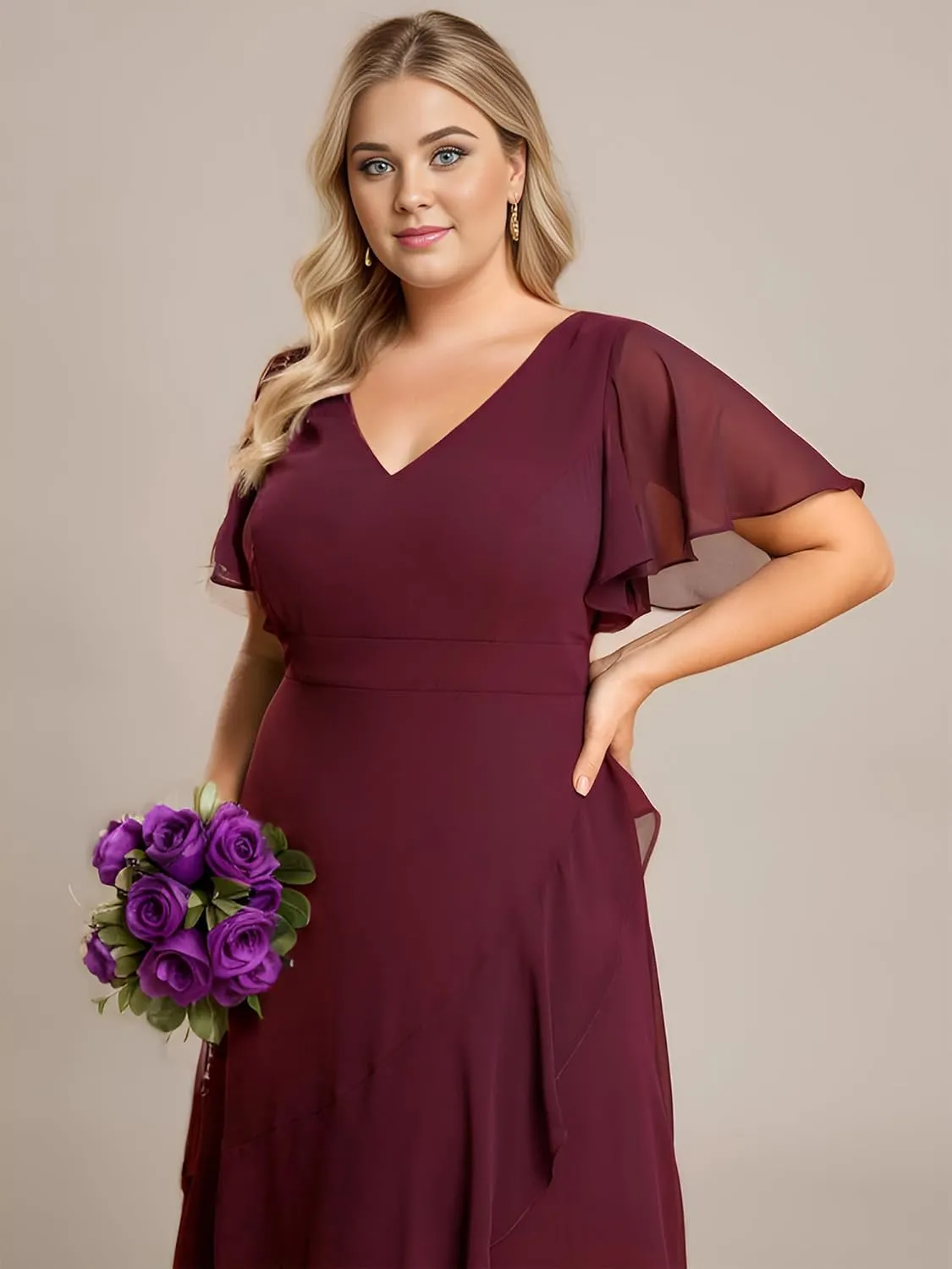 Ever-Pretty Women's Summer V Neck High Low Chiffon Plus Size Curvy Semi Formal Wedding Guest Dresses with Sleeves 1749-DAPH