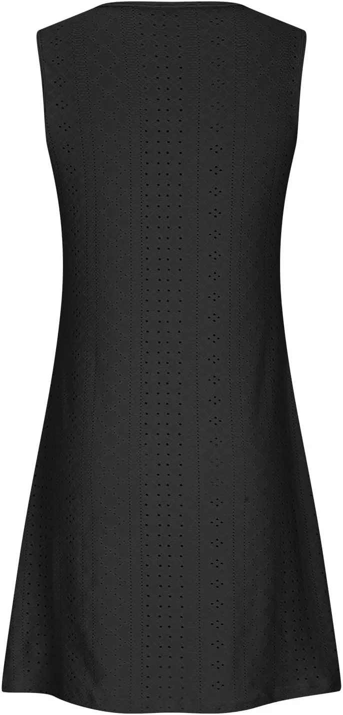Eyelet Dress for Women, Summer Dresses 2025, Casual Vacation Beach Short Midi Beach Sundresses, Sleeveless Tank Dress