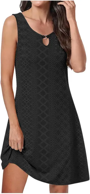 Eyelet Dress for Women, Summer Dresses 2025, Casual Vacation Beach Short Midi Beach Sundresses, Sleeveless Tank Dress