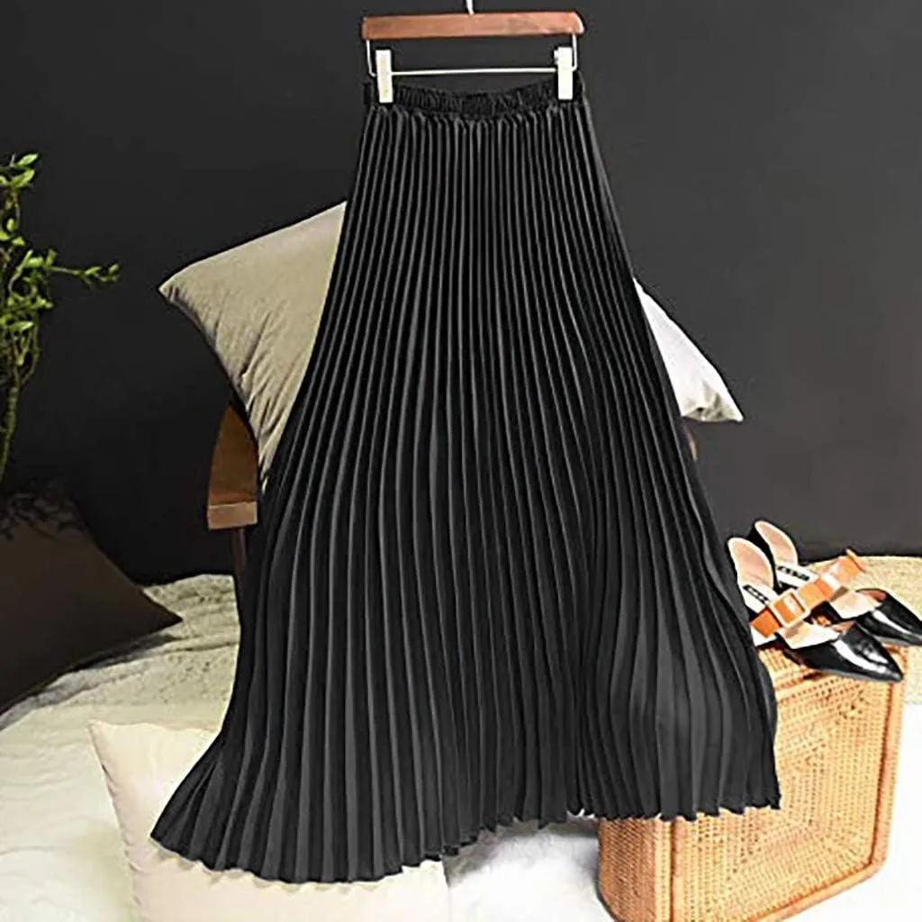 Falda Womens Solid Pleated Elegant Midi Elastic Waist Maxi Skirt