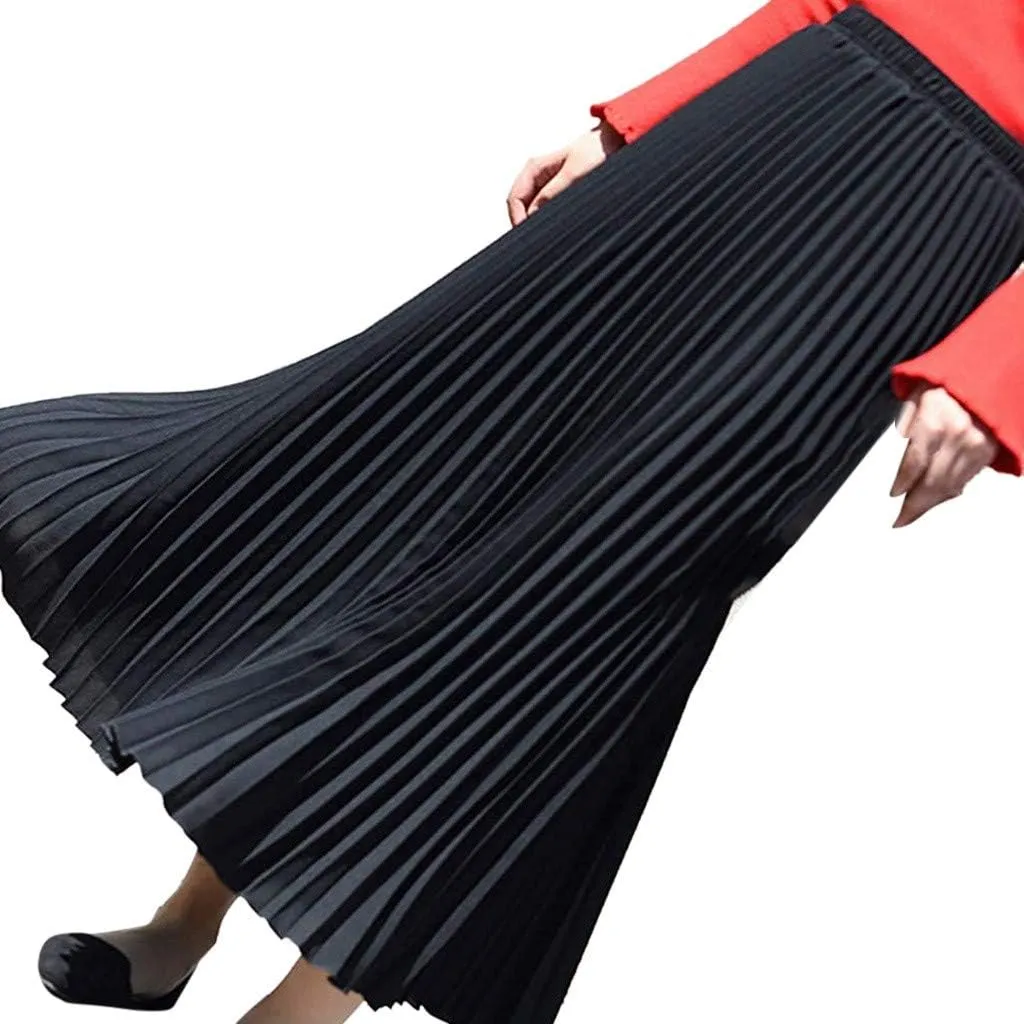 Falda Womens Solid Pleated Elegant Midi Elastic Waist Maxi Skirt