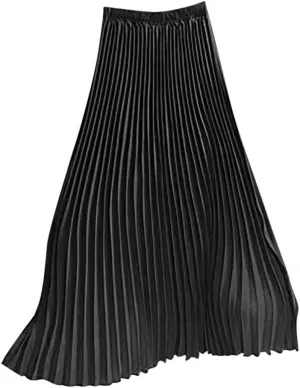 Falda Womens Solid Pleated Elegant Midi Elastic Waist Maxi Skirt