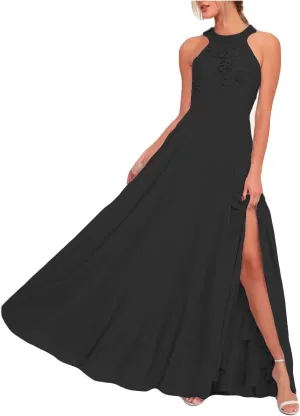 Fanciest Halter Top Lace Prom Dresses with Split Long 2024 Chiffon Bridesmaid Dress for Women Junior Party Dress