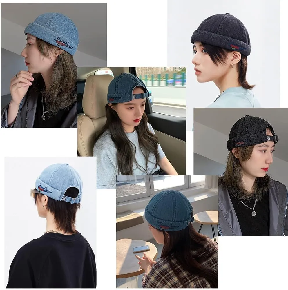 Fashion Denim Beanie Hat Vintage Docker Cap for Men Women Fashion Brimless Cuff Hats