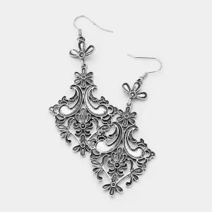 Filigree Antique Metal Chandelier Dangle Earrings Silver Tone
