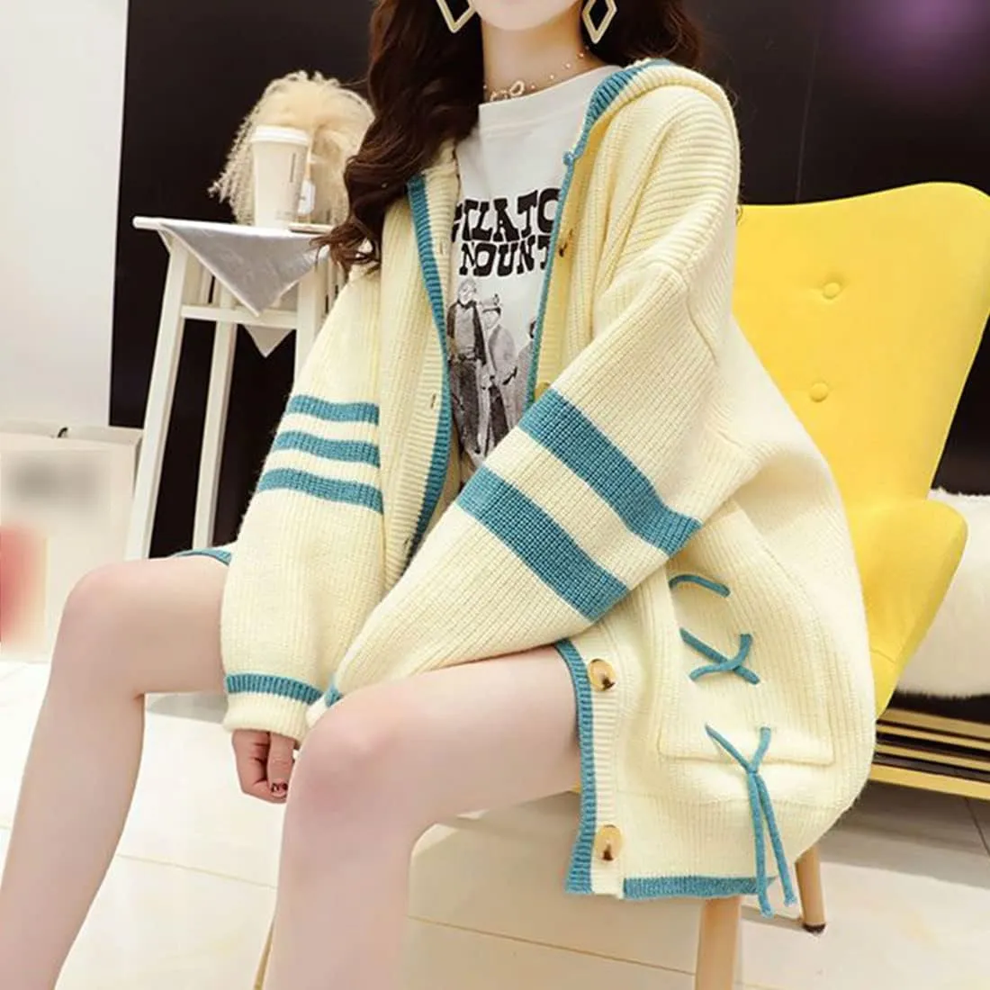 FindThy Womens Kawaii Color Block Cardigan Casual Button Up Long Sleeve Cute Sweater Cardigans