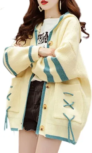 FindThy Womens Kawaii Color Block Cardigan Casual Button Up Long Sleeve Cute Sweater Cardigans