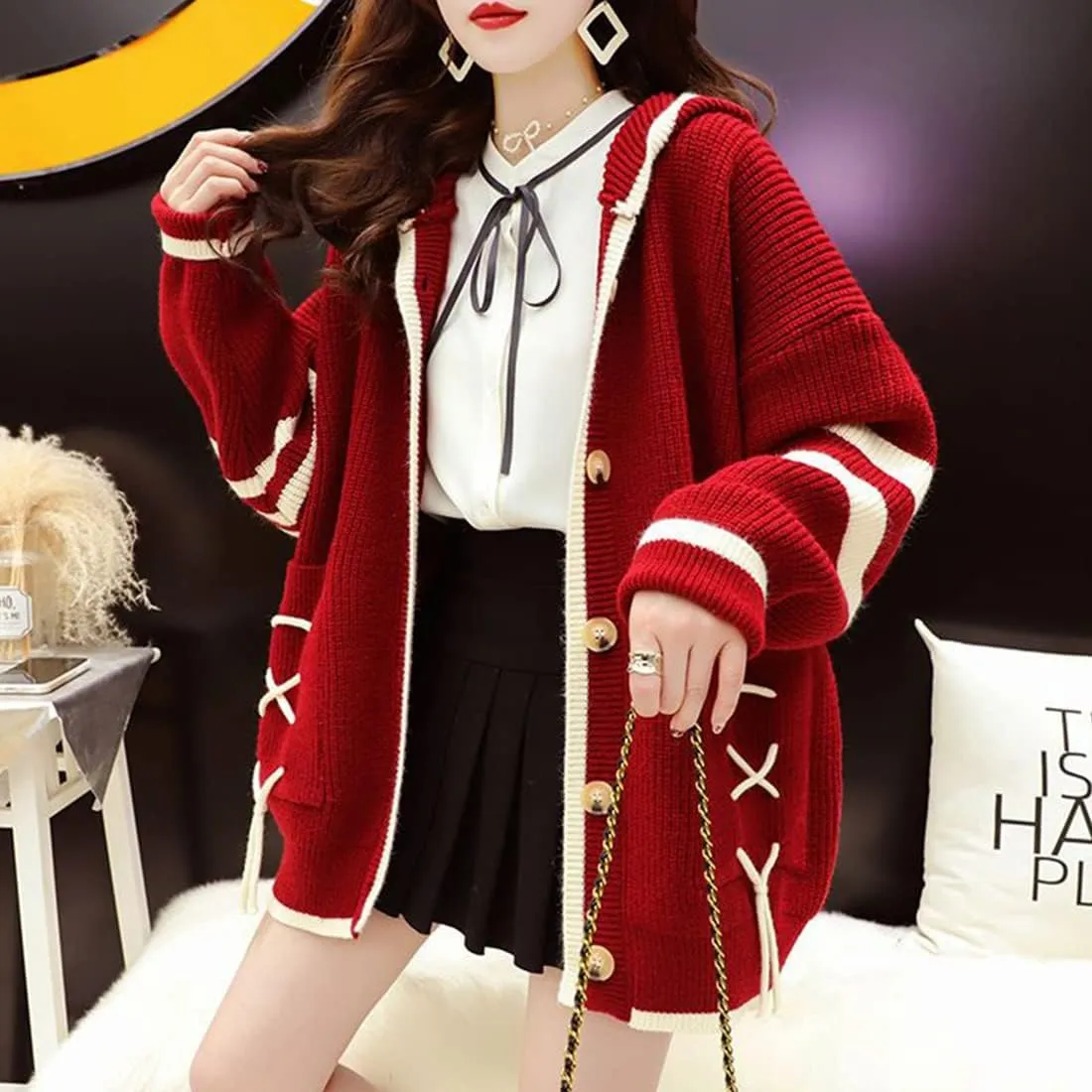 FindThy Womens Kawaii Color Block Cardigan Casual Button Up Long Sleeve Cute Sweater Cardigans