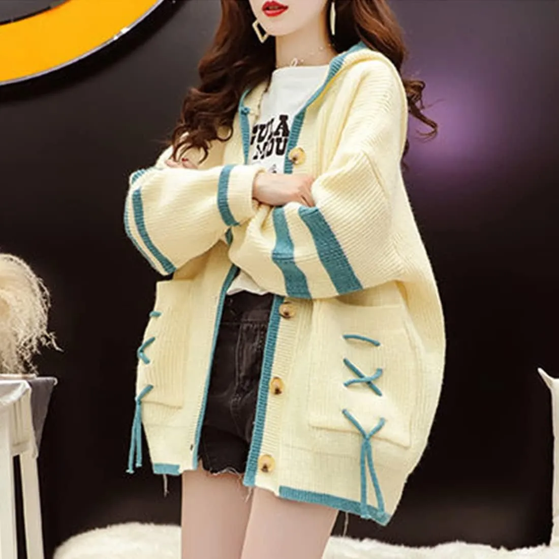 FindThy Womens Kawaii Color Block Cardigan Casual Button Up Long Sleeve Cute Sweater Cardigans