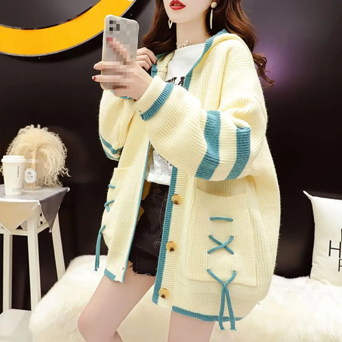 FindThy Womens Kawaii Color Block Cardigan Casual Button Up Long Sleeve Cute Sweater Cardigans