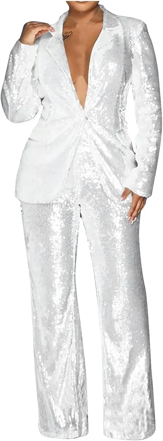 Firzero Blazer Sets Women 2 Piece Outfits Fall Sequin Solid Color Blazer Jacket and Wide Leg Pants Pockets Business Suit