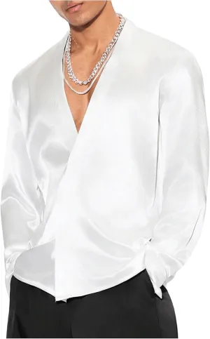 Floerns Men's Wedding Long Sleeve V Neck Shirts Shiny Satin Prom Party Club Shirts
