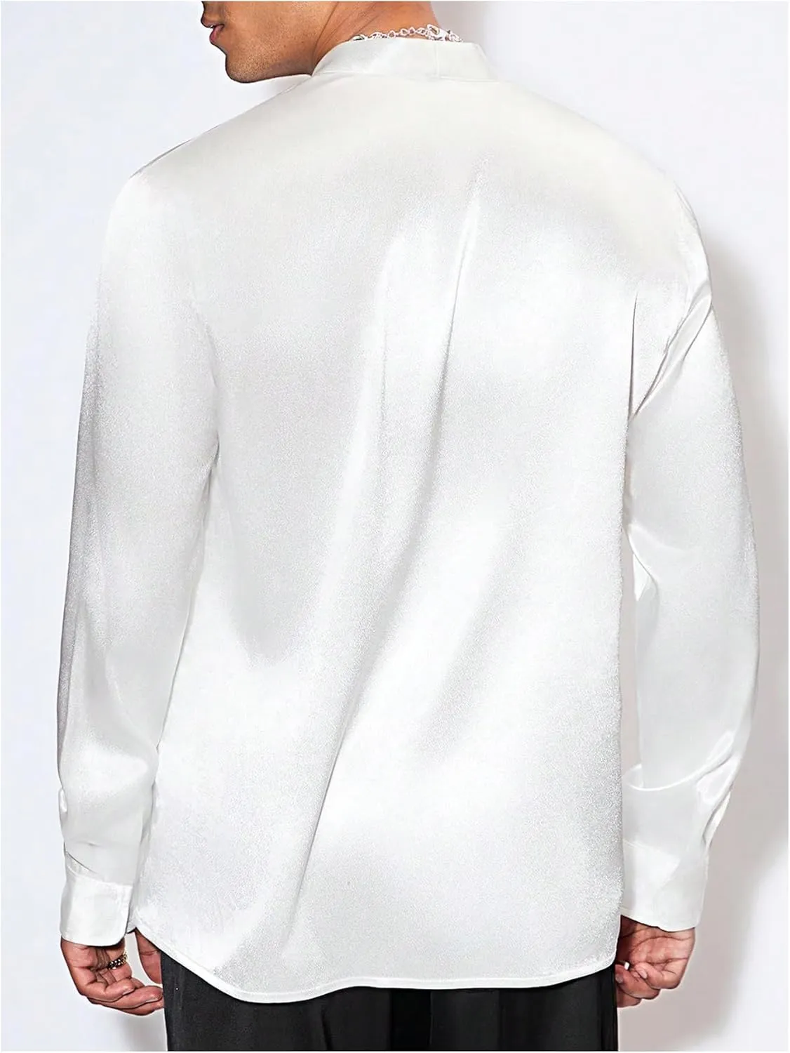 Floerns Men's Wedding Long Sleeve V Neck Shirts Shiny Satin Prom Party Club Shirts