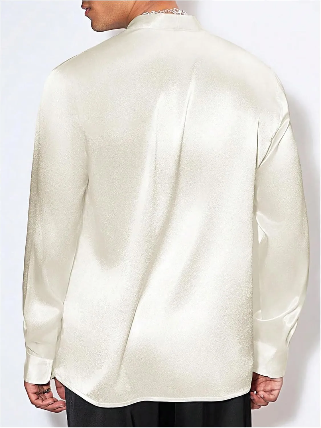 Floerns Men's Wedding Long Sleeve V Neck Shirts Shiny Satin Prom Party Club Shirts