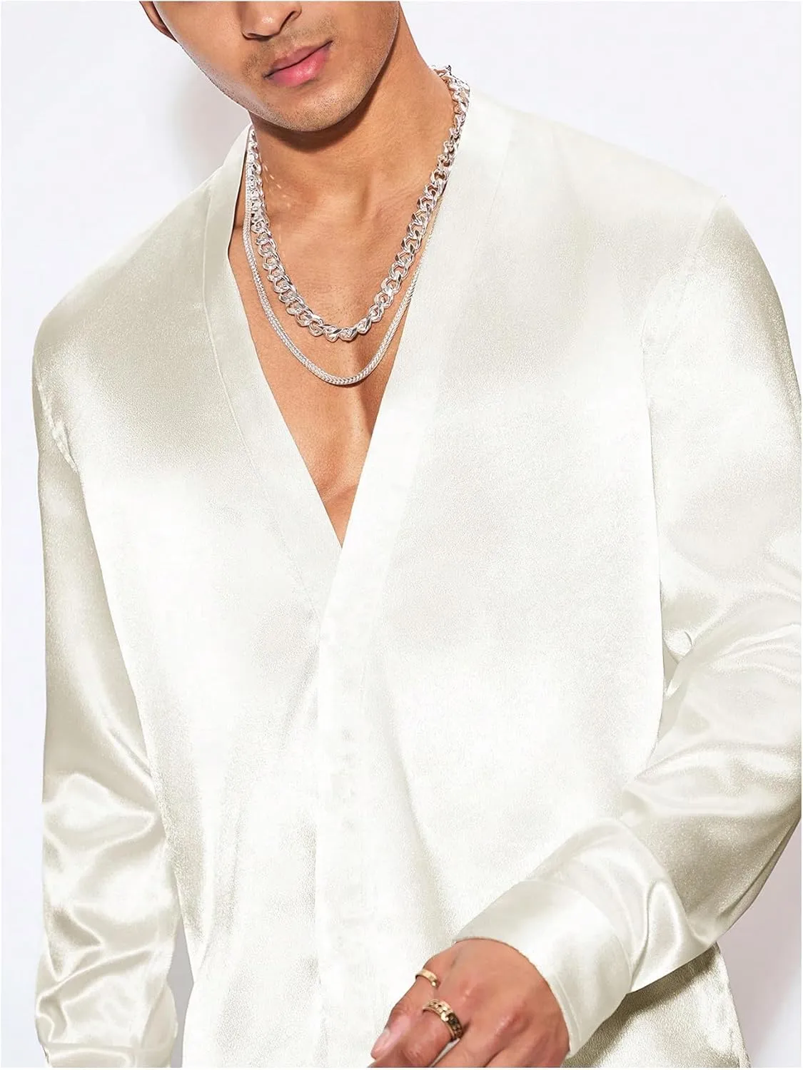 Floerns Men's Wedding Long Sleeve V Neck Shirts Shiny Satin Prom Party Club Shirts