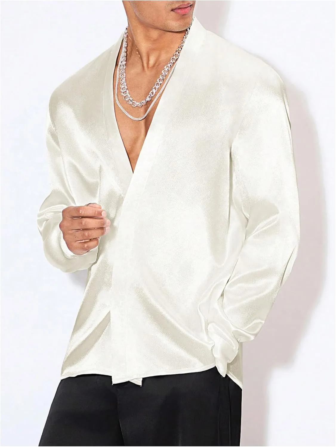 Floerns Men's Wedding Long Sleeve V Neck Shirts Shiny Satin Prom Party Club Shirts