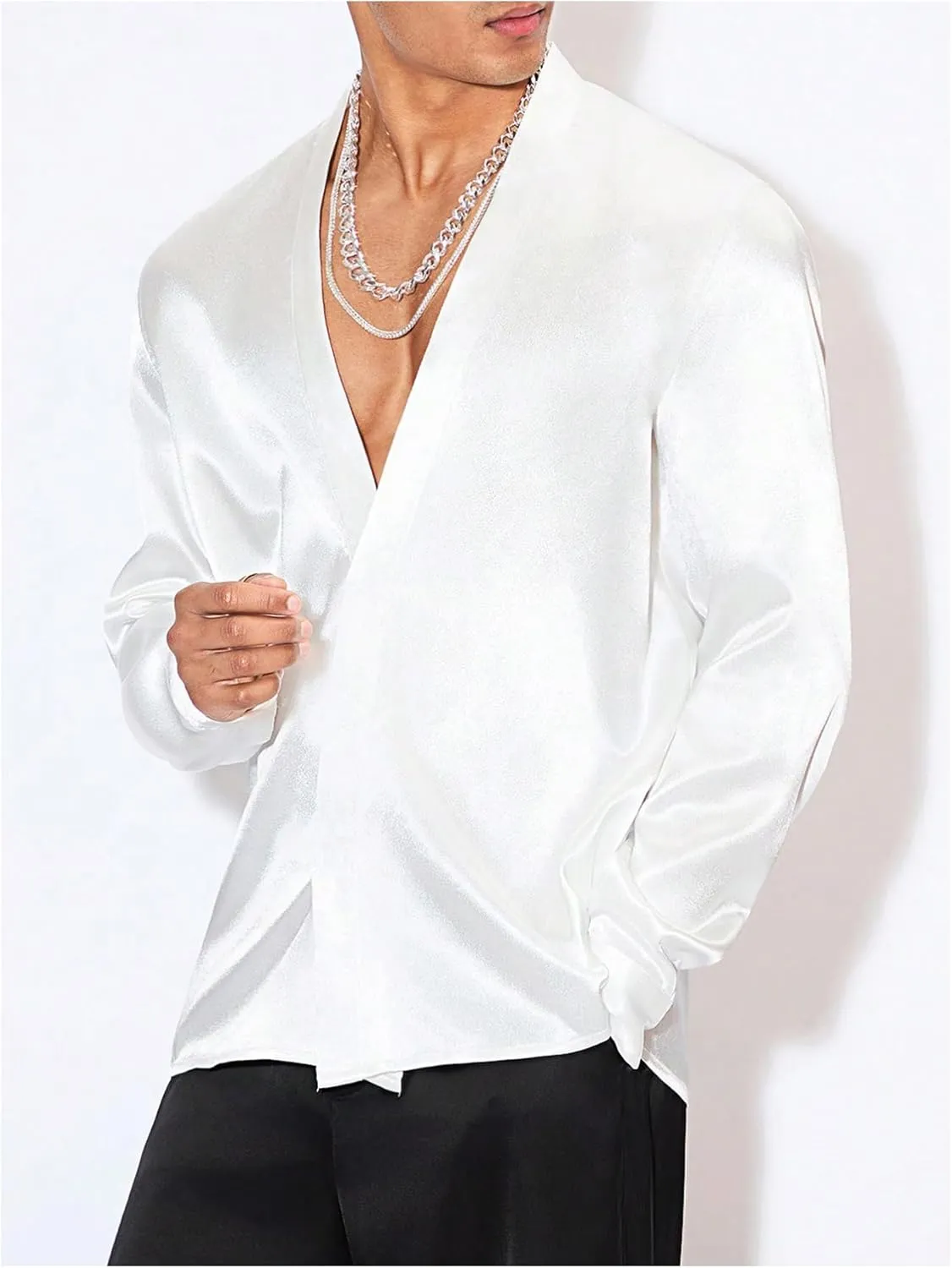 Floerns Men's Wedding Long Sleeve V Neck Shirts Shiny Satin Prom Party Club Shirts