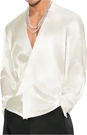 Floerns Men's Wedding Long Sleeve V Neck Shirts Shiny Satin Prom Party Club Shirts