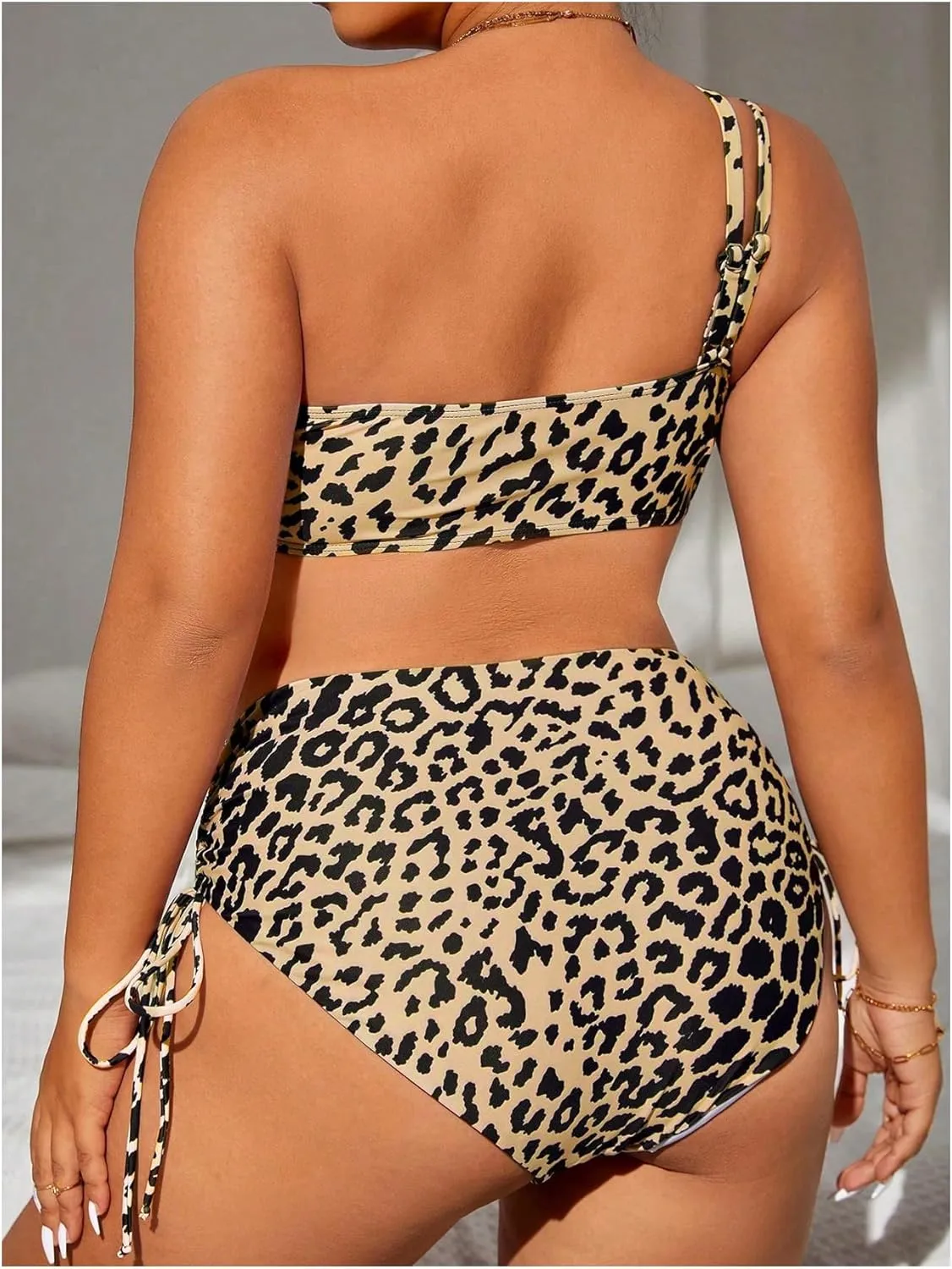 Floerns Women's Plus Size Cheetah Print One Shoulder Cut Out Bikini Set High Waisted Bathing Suit