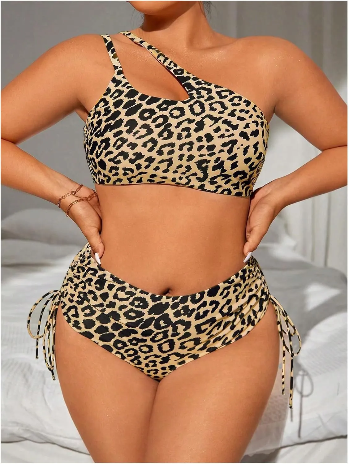 Floerns Women's Plus Size Cheetah Print One Shoulder Cut Out Bikini Set High Waisted Bathing Suit