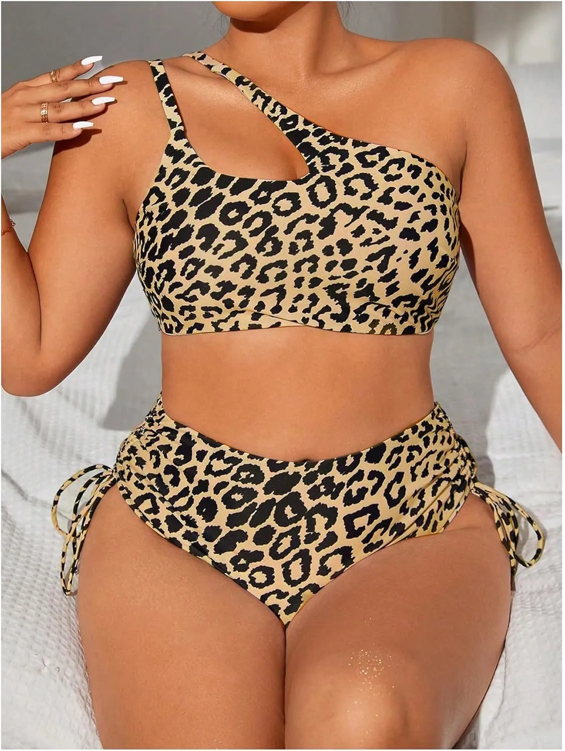 Floerns Women's Plus Size Cheetah Print One Shoulder Cut Out Bikini Set High Waisted Bathing Suit