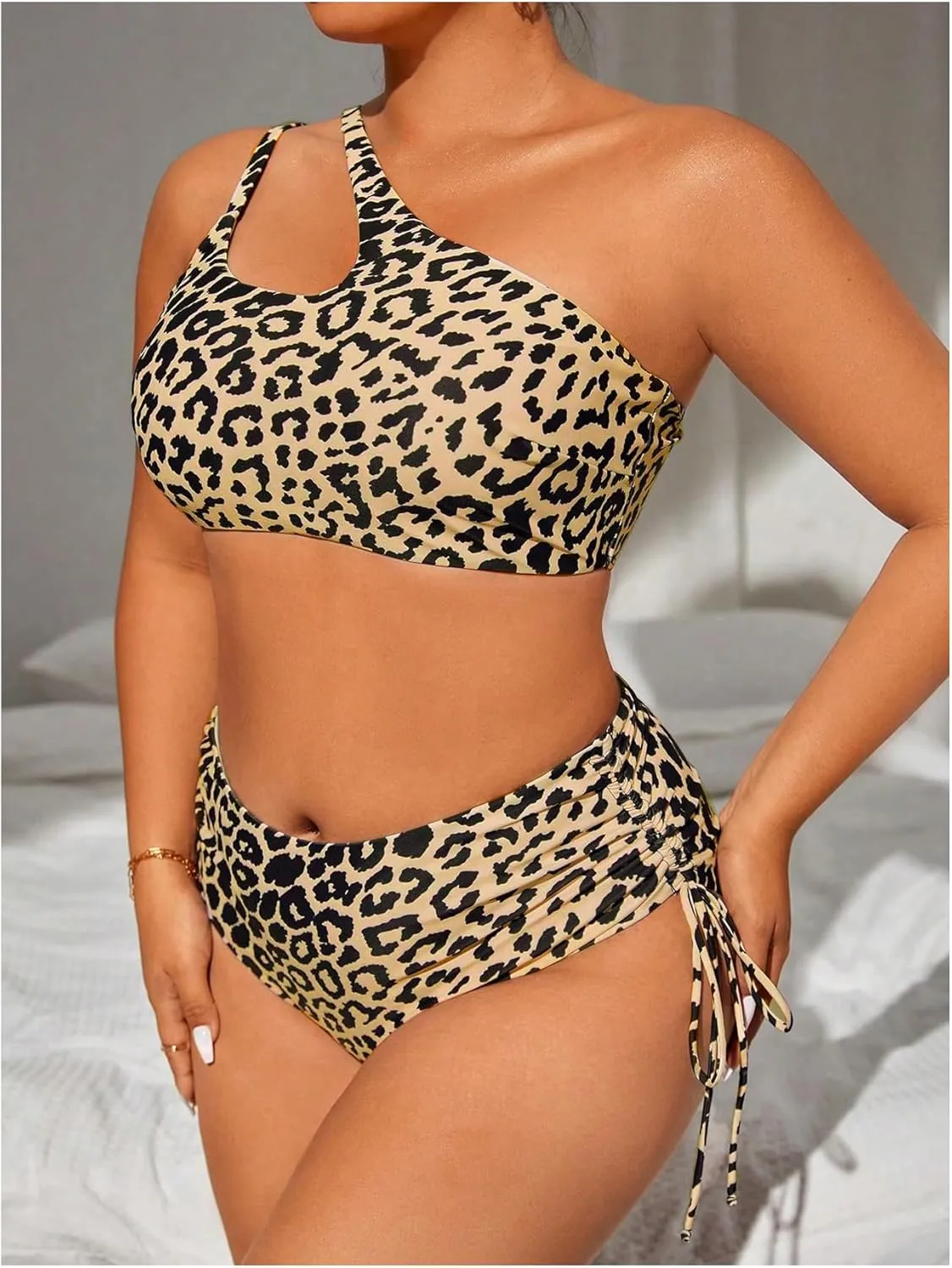 Floerns Women's Plus Size Cheetah Print One Shoulder Cut Out Bikini Set High Waisted Bathing Suit
