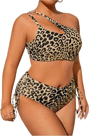 Floerns Women's Plus Size Cheetah Print One Shoulder Cut Out Bikini Set High Waisted Bathing Suit