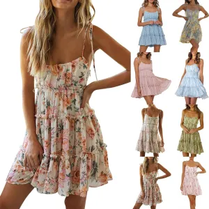 Floral Dress for Women Flowy Chiffon Spaghetti Strap Tiered Ruffle Mini Dress Casual Summer Cute Beach Sundress