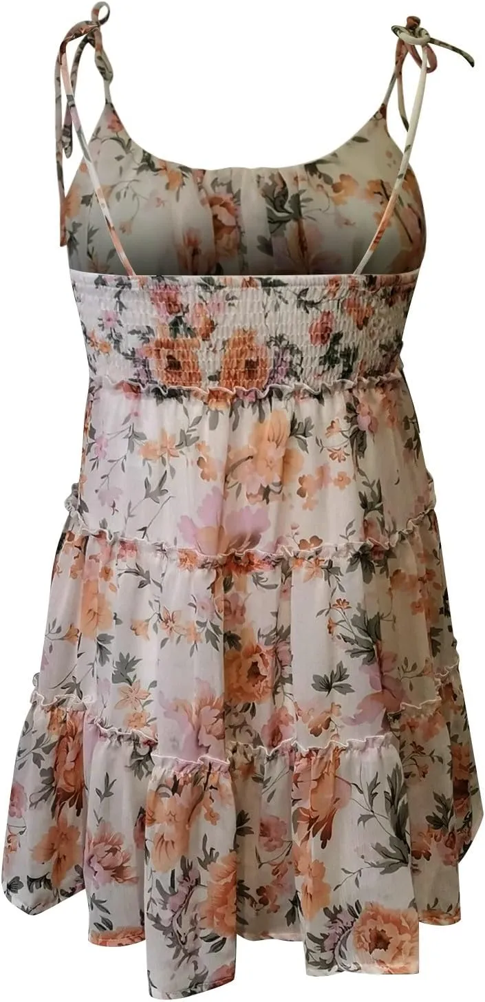 Floral Dress for Women Flowy Chiffon Spaghetti Strap Tiered Ruffle Mini Dress Casual Summer Cute Beach Sundress
