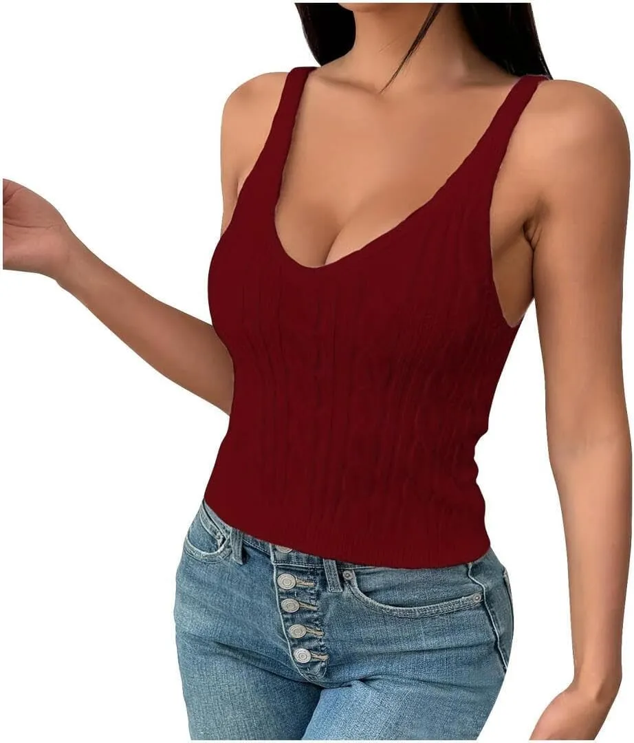 FMCHICO Womens V Neck Basic Tank Tops Workout Summer Ribbed Camisole Slim Fit Sleeveless Tops