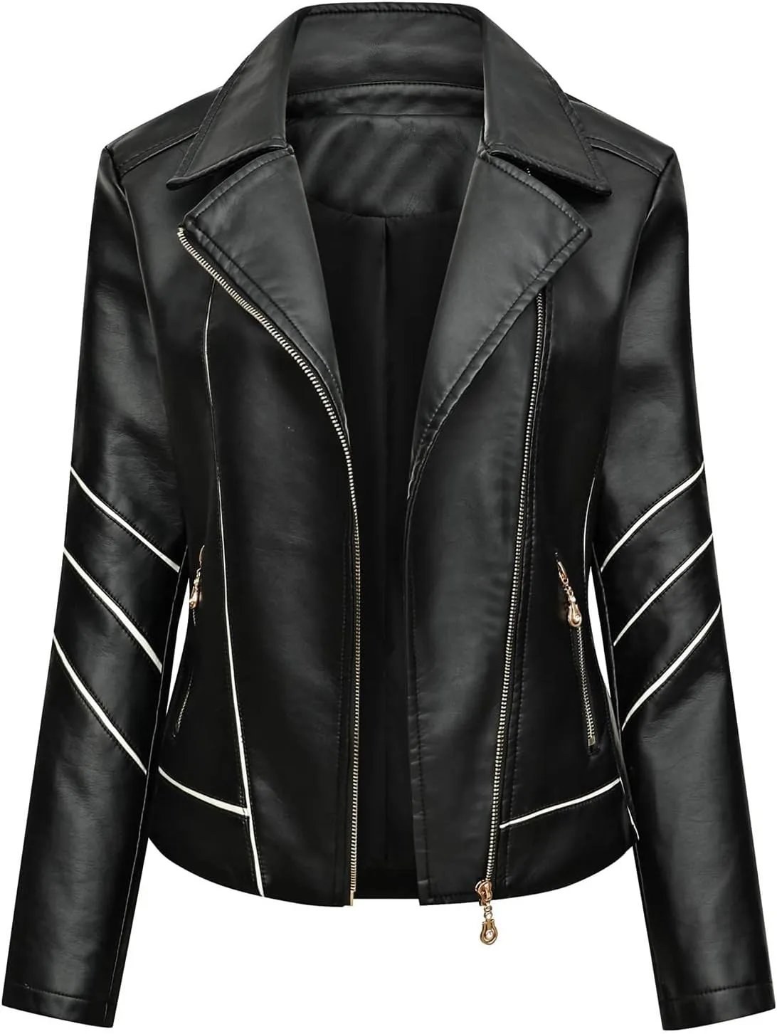 FMCHICO Women's Zipped Notch Collar Moto Biker Jacket Casual Short Coat Outwear