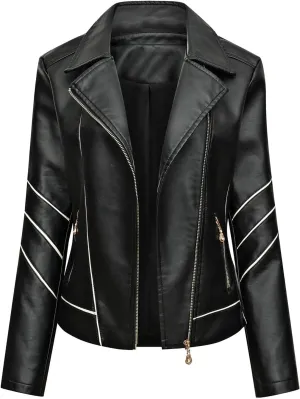 FMCHICO Women's Zipped Notch Collar Moto Biker Jacket Casual Short Coat Outwear