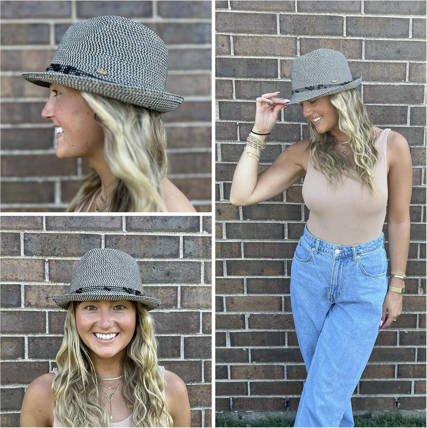 Funky Junque Women's Straw Fedora Sun Hat - UPF 50  Protection, Short Brim, Stylish Woven Pattern