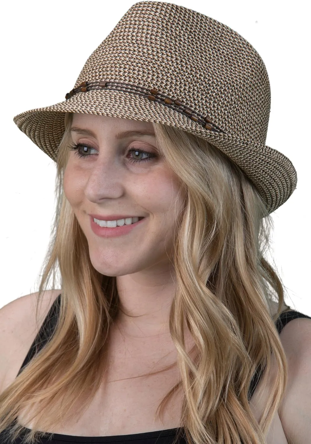 Funky Junque Women's Straw Fedora Sun Hat - UPF 50  Protection, Short Brim, Stylish Woven Pattern