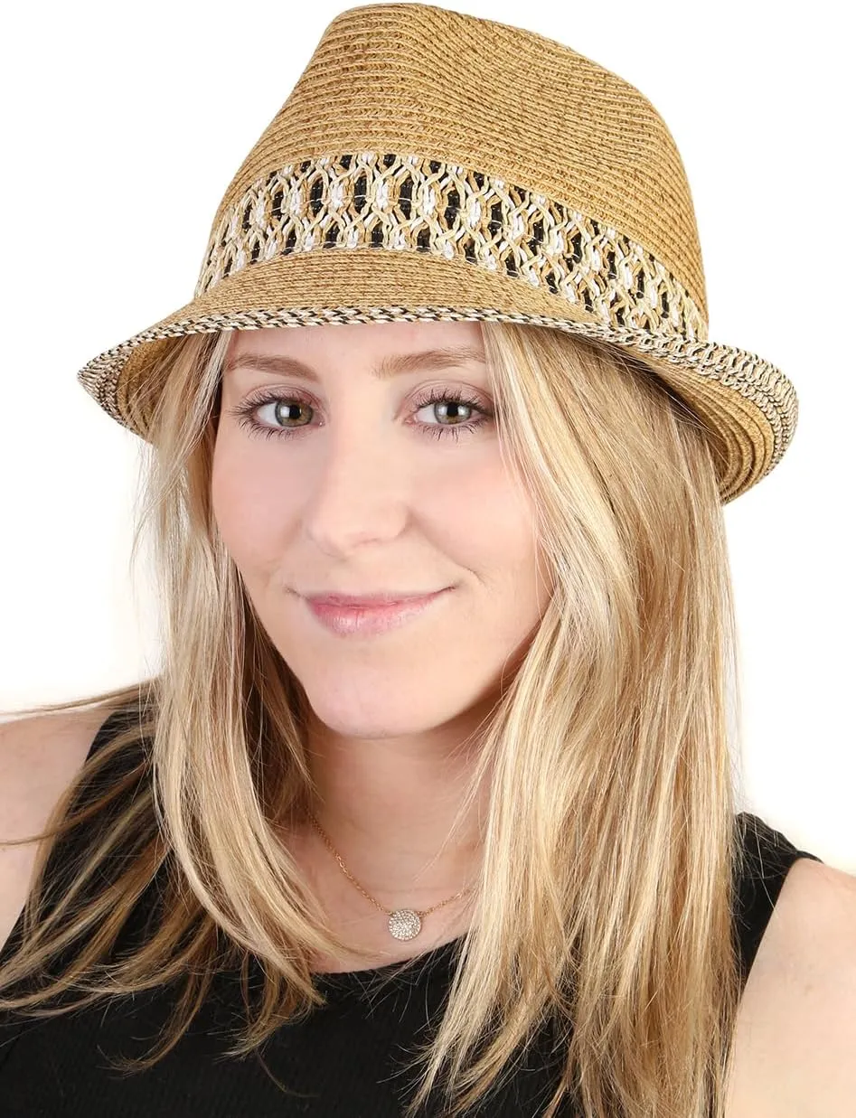 Funky Junque Women's Straw Fedora Sun Hat - UPF 50  Protection, Short Brim, Stylish Woven Pattern