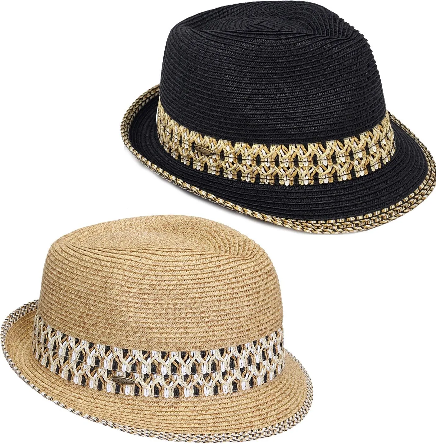 Funky Junque Women's Straw Fedora Sun Hat - UPF 50  Protection, Short Brim, Stylish Woven Pattern