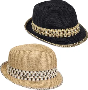 Funky Junque Women's Straw Fedora Sun Hat - UPF 50  Protection, Short Brim, Stylish Woven Pattern
