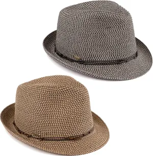 Funky Junque Women's Straw Fedora Sun Hat - UPF 50  Protection, Short Brim, Stylish Woven Pattern