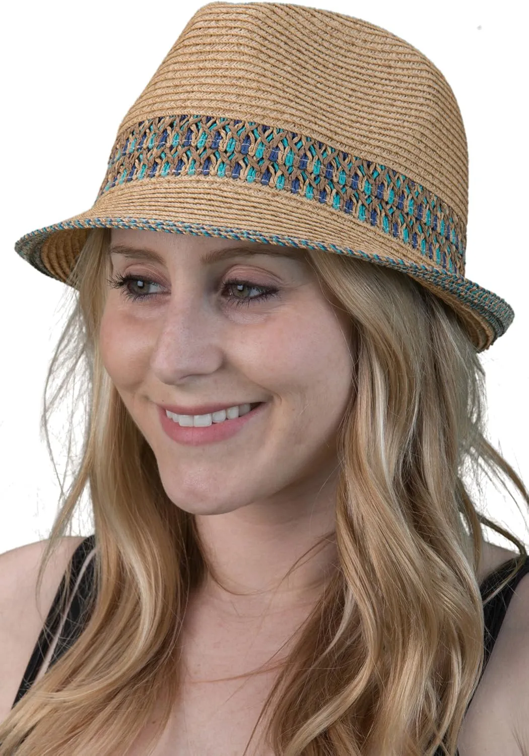 Funky Junque Women's Straw Fedora Sun Hat - UPF 50  Protection, Short Brim, Stylish Woven Pattern