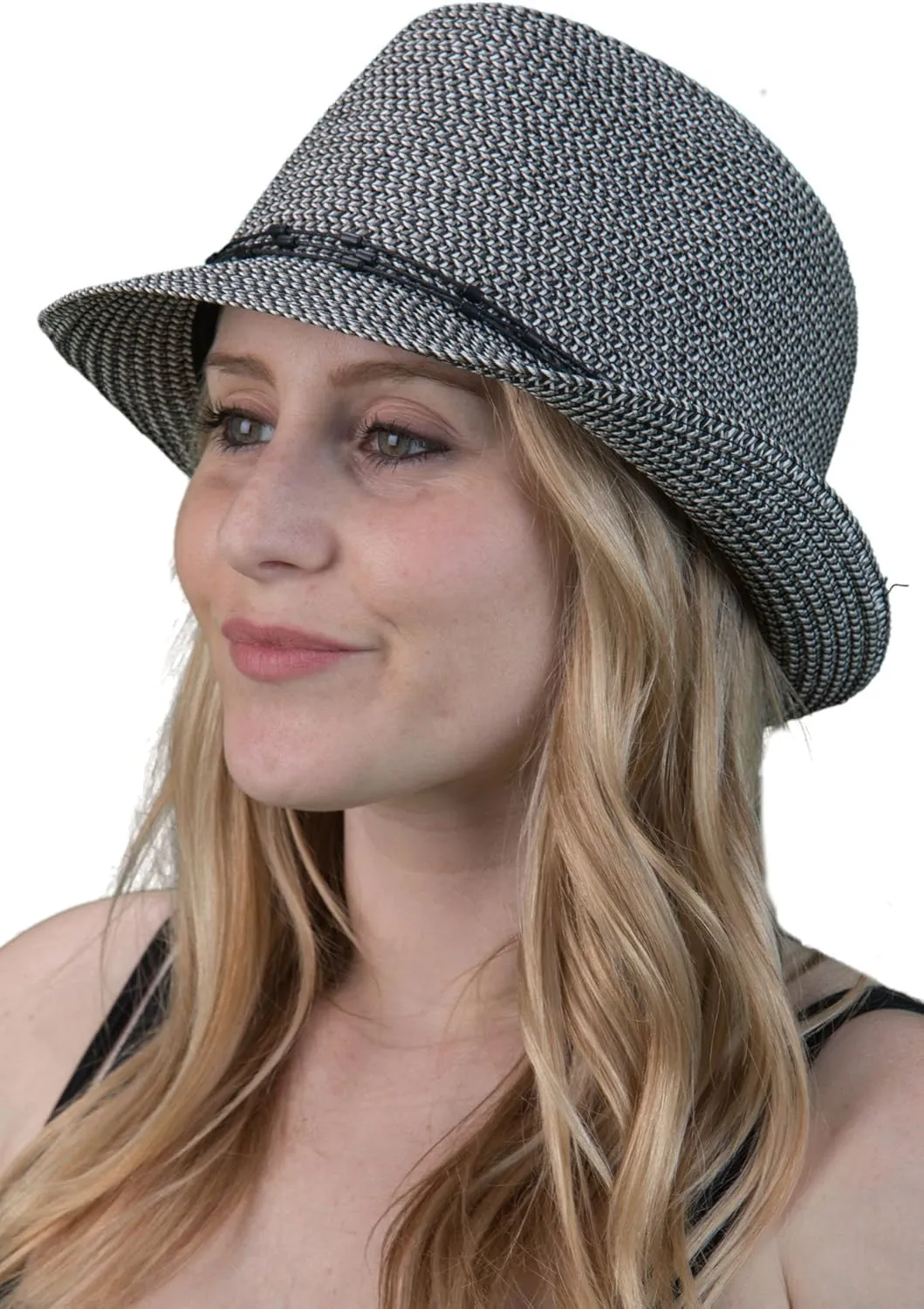 Funky Junque Women's Straw Fedora Sun Hat - UPF 50  Protection, Short Brim, Stylish Woven Pattern