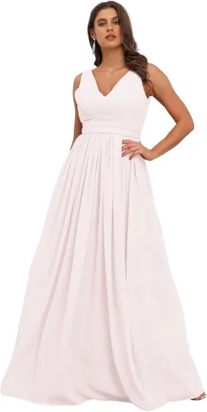 GATMAHE Women's Bridesmaid Dresses Sleeveless Side Slit - V Neck Chiffon Wedding Guest Dress Pleated Ball Gown