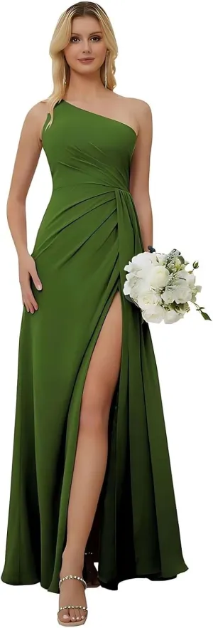 GATMAHE Women's One Shoulder Chiffon Pleated Bridesmaid Dresses Ruched High Slit Formal Dresses A-Line Wedding Guest Gowns
