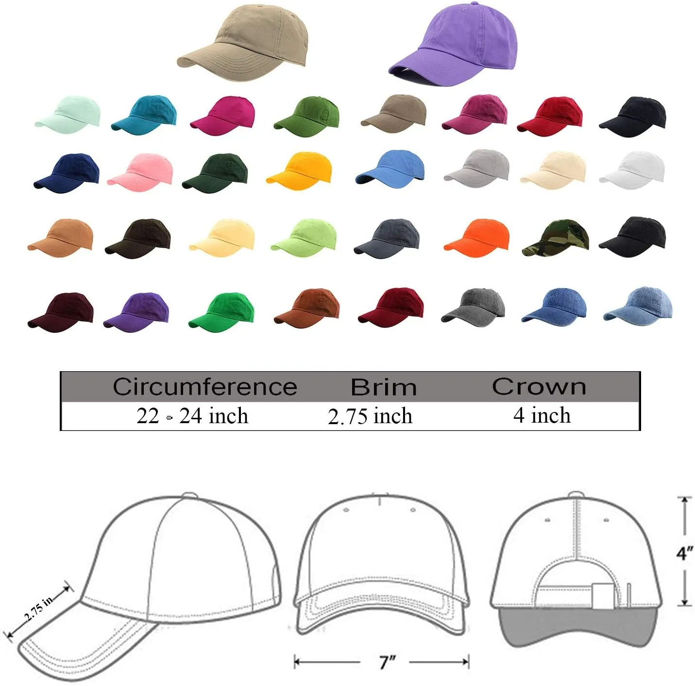 Gelante Baseball Caps Hats 100% Cotton Plain Blank Adjustable Size Wholesale Bulk of 12 Pack