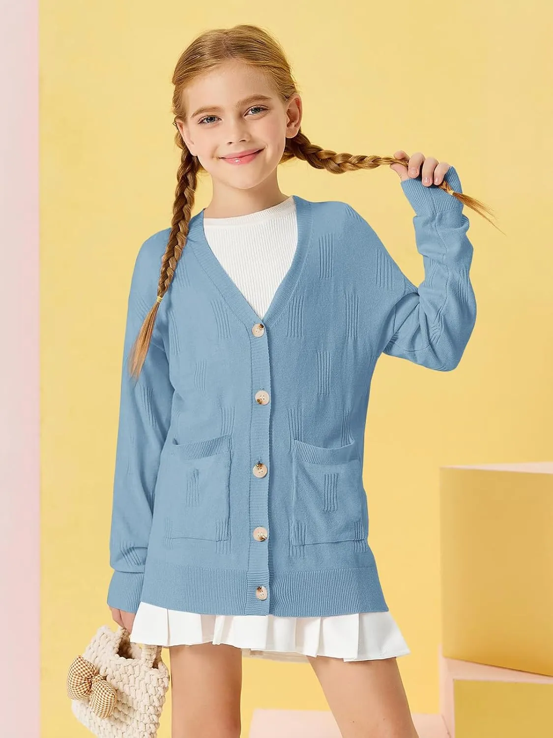 Girls Cardigans Kids Fashion Open Front Long Sleeve Knit Sweaters Outerwear with Pockets 5-14 Years