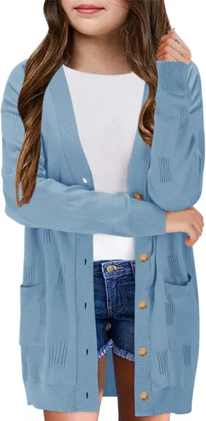 Girls Cardigans Kids Fashion Open Front Long Sleeve Knit Sweaters Outerwear with Pockets 5-14 Years