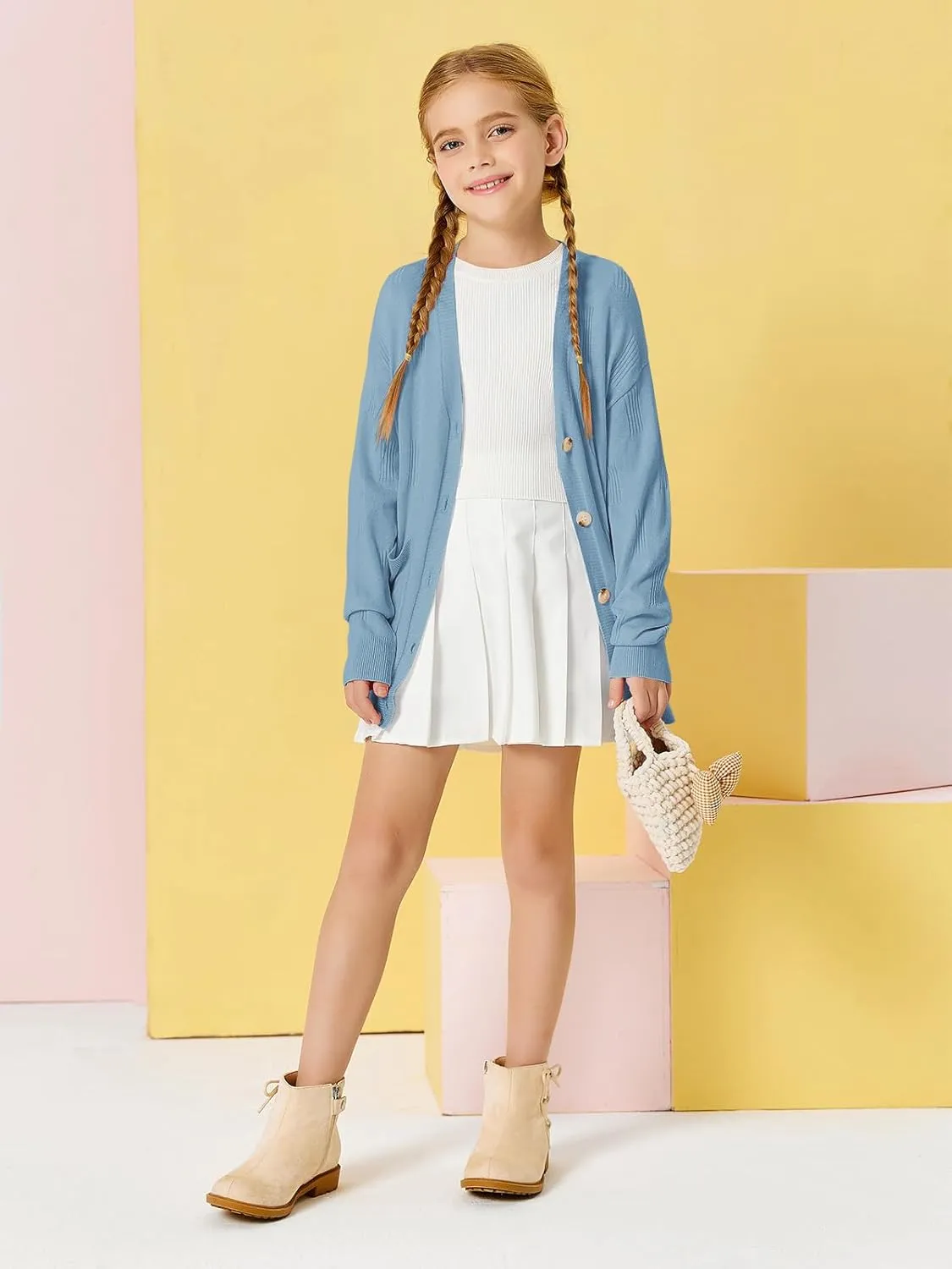 Girls Cardigans Kids Fashion Open Front Long Sleeve Knit Sweaters Outerwear with Pockets 5-14 Years