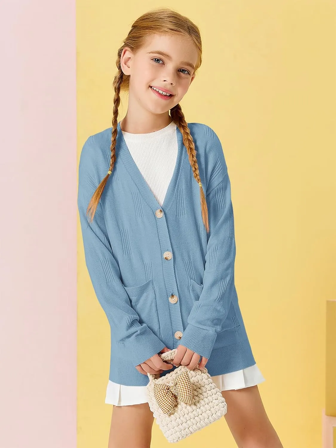 Girls Cardigans Kids Fashion Open Front Long Sleeve Knit Sweaters Outerwear with Pockets 5-14 Years
